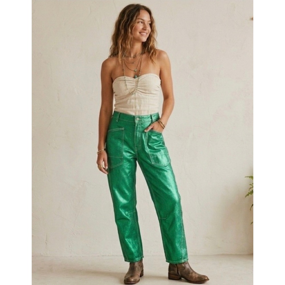 Free People Minimalist Moxie Green Metallic Barrel Jean Sample Size 26 High Rise